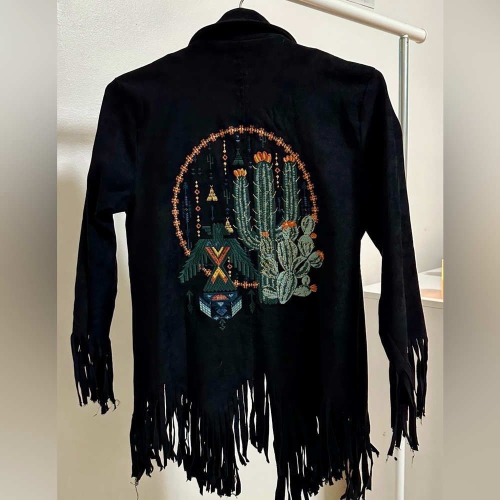 Black Suede Embroidered Desert Print Festival Jacket